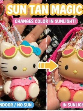 OOAK Sun Tan Magic Color-Changing Kitty Keychain - Pink